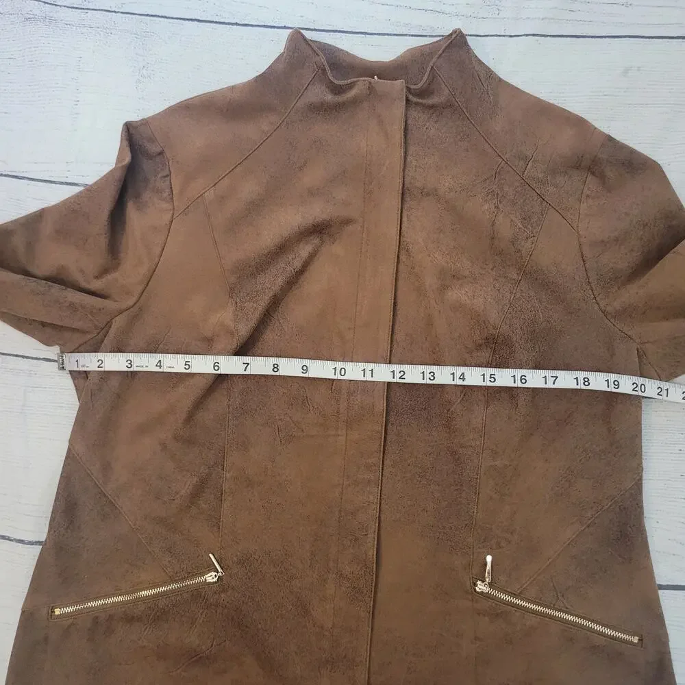 Chico's Size 2 US 12/14 Suede Moto Jacket‎ Brown Faux Leather Western Minimalist